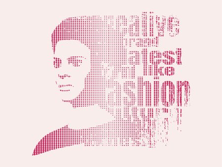 Face half turn view. Elegant silhouette of a female head. Vector Illustration. Monochrome gamma. Fashion Relative Keywords Cloud. Half tone effectのイラスト素材