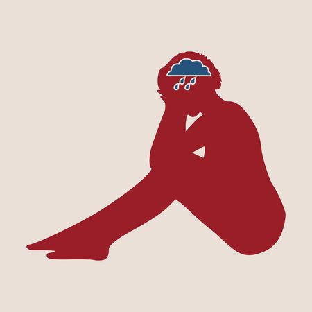 Vector illustration of a woman sitting on the floor isolated over a grey background. Sadness and grief emotionsのイラスト素材