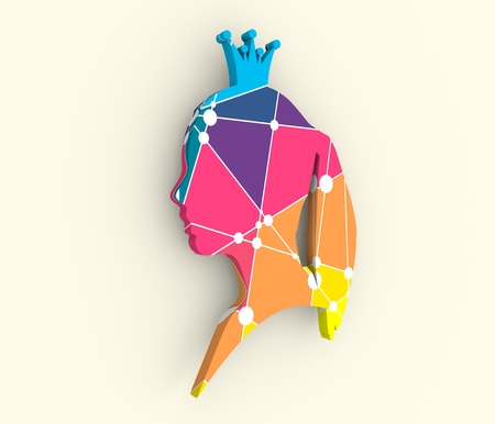 Front view of princess or queen.. Elegant silhouette of a female head. Short hair. 3D rendering. Multicolor polygonal textureの写真素材