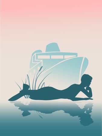 Vector illustrations of silhouette of lying beautiful mermaid. Short hair. Woman reflected in the ocean water. A figure in a waiting pose. Sunset at sea. Transoceanic cruise ship at backdropのイラスト素材