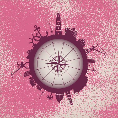 Circle with sea shipping and travel relative silhouettes. Vector illustration. Objects located around the circle. Industrial design background. Vintage compass. Grunge texture effectのイラスト素材