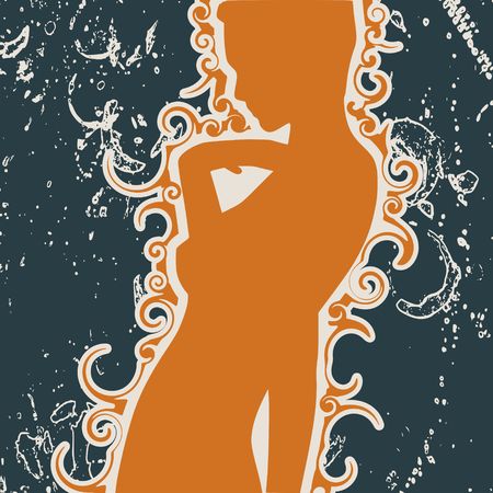 Confused woman raising her hand to face. Sexy lady silhouette. Fashion mannequin. Short hair. Vector Illustration. Mockup for lettering. Abstract outline ornament of curls. Chalk board grunge effectのイラスト素材