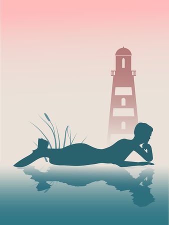 A Vector illustrations of silhouette of lying beautiful mermaid. Short hair. Woman reflected in the ocean water. A figure in a waiting pose. Lighthouse at backdropのイラスト素材