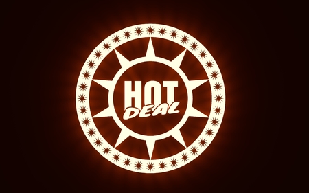 Stamp icon. Graphic design elements. 3D rendering. Hot deal text. Neon illuminationの写真素材