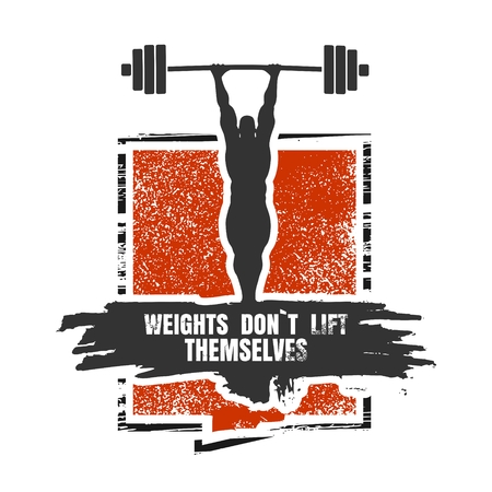 Bodybuilder and huge barbell silhouettes. Icon of the posing athlete. Weights dont lift themselves. Gym and fitness motivation quote. Creative vector typography poster concept. Grunge textureのイラスト素材