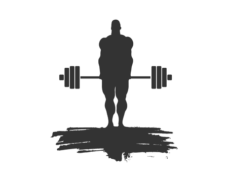 bodybuilder and barbell silhouettes. Bodybuilder posing on grunge brush stroke.のイラスト素材