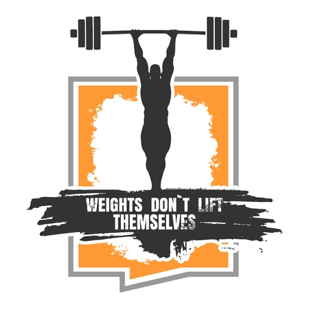 Bodybuilder and huge barbell silhouettes. Icon of the posing athlete. Weights dont lift themselves. Gym and fitness motivation quote. Creative vector typography poster concept. Grunge textureのイラスト素材