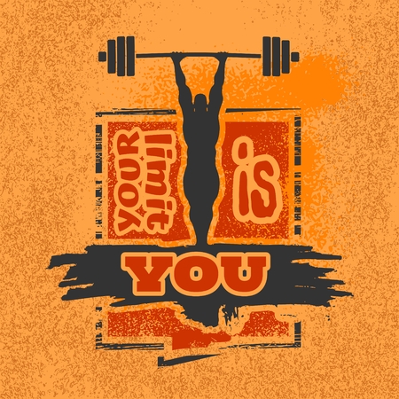 Bodybuilder and huge barbell silhouettes. Icon of the posing athlete. Your limit is you. Gym and fitness motivation quote. Creative vector typography poster concept. Grunge textureのイラスト素材