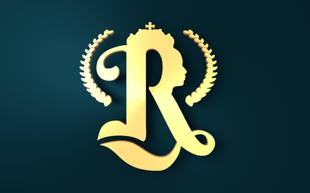 Royal crown logo. Business golden emblem with R letter and face silhouette. 3D renderingの写真素材