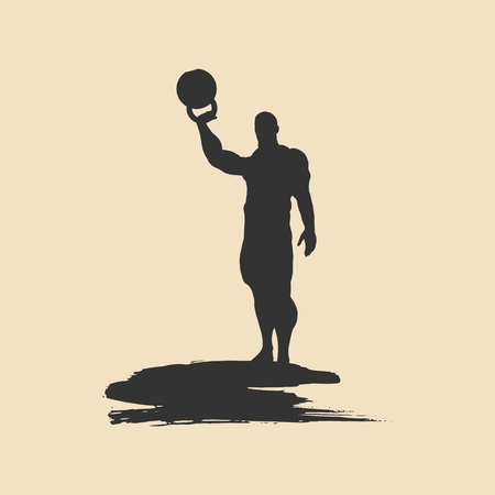 Bodybuilder with kettlebell silhouette. Bodybuilder posing on grunge brush stroke.のイラスト素材