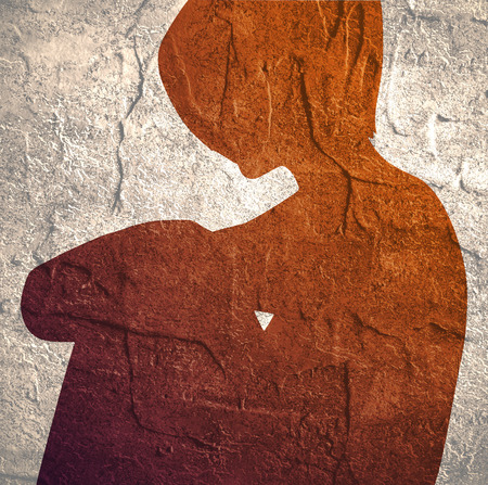 An illustration of a sitting woman. Sadness and grief emotions. Grunge distress texture.の写真素材