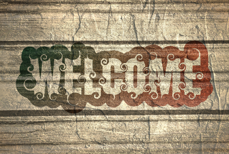 Lettering illustration with word Welcome. Typography poster with abstract ornament of curls.の写真素材