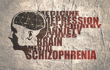 Abstract illustration of a human head with brain. Woman face silhouette. Medical theme creative concept. Connected lines with dots. Schizophrenia disease tags cloud. Grunge texture effectの写真素材