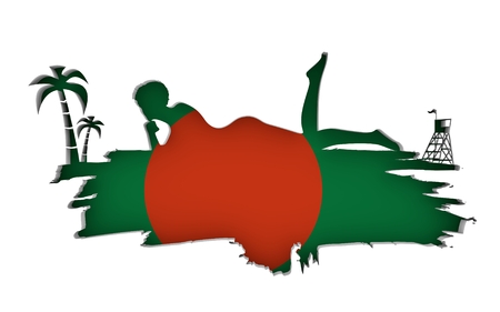 Young woman sunbathing on a beach. Cutout silhouette of the relaxing girl on a grunge brush stroke. Palm and lifeguard tower. Flag of the Bangladesh on backdrop. 3D rendering.の写真素材