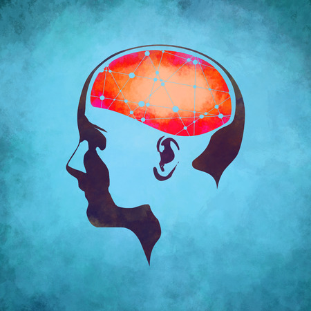Abstract illustration of a human head with brain. Woman face silhouette. Medical theme creative concept. Connected lines with dots.の写真素材