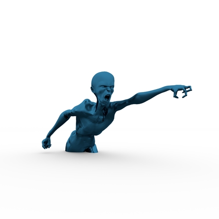 Posing horrified zombie. Dark blue metallic material skin. 3D renderingの写真素材