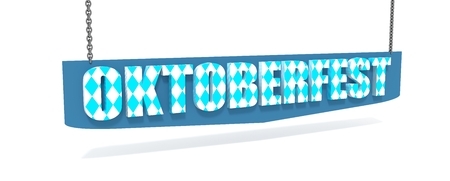 Octoberfest word hanging from a chain on white background. 3D rendering. Bavarian flag textureの写真素材