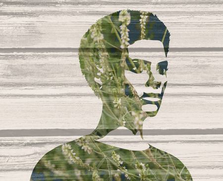 Portrait of beautiful woman. Short hair. Half turn view. Elegant silhouette of human face. Wood and...