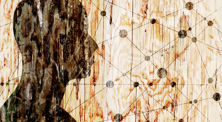 Silhouette of a man's head. Mental health relative brochure, report or book cover design template. Scientific medical designs. Wood textureの写真素材