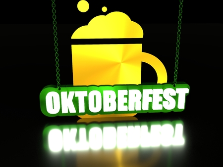 Octoberfest word and beer mug hanging from a chain on dark background. 3D rendering. Bavarian flag textureの写真素材