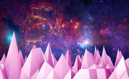 Low poly mountains landscape. Polygonal shapes peaks. 3D rendering. Deep space filled with stars, nebula and galaxy.の写真素材