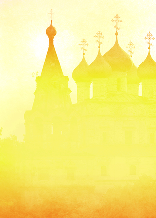 Church in the Vologda city. Yellow silhouette in the fogの写真素材