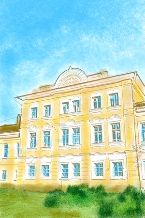 View of an old building in the Vologda city, Russia. Green grass and bush. Brush paintingの写真素材