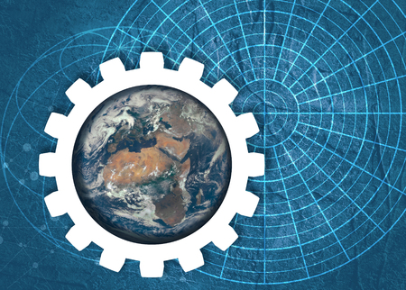 Old blueprint background texture. Technical backdrop paper. Earth globe in gear on concrete textured backdrop. Elements of this image furnished by NASA.の写真素材