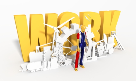 Young man wearing apron textured by Norway flag. Bearded worker at industrial isometric icons set. 3D rendering. Metallic material. Energy generation and heavy industry. Work textの写真素材