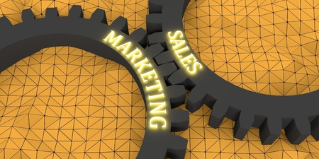 Sales and Marketing illuminated text on the mechanism of gears. Communication concept in industrial design. Modern brochure design template. Polygonal shapes mosaic background. 3D renderingの写真素材