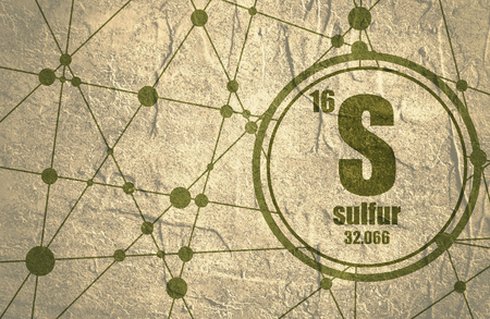 Sulfur chemical element. Sign with atomic number and atomic weight. Chemical element of periodic...