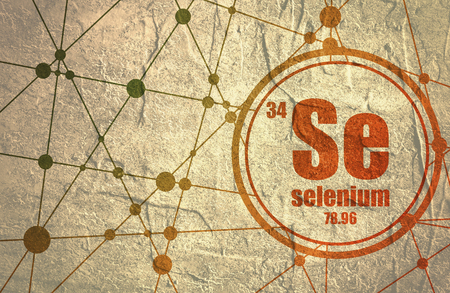 Selenium chemical element. Sign with atomic number and atomic weight. Chemical element of periodic table. Molecule And Communication Background. Connected lines with dots. Grunge distress texture.の写真素材