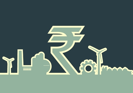 Energy and Power icons set on white backdrop. Sustainable energy generation and heavy industry. Rupee signのイラスト素材