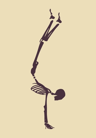 Human skeleton working out, doing handstand. Vector illustration. Halloween party design templateのイラスト素材