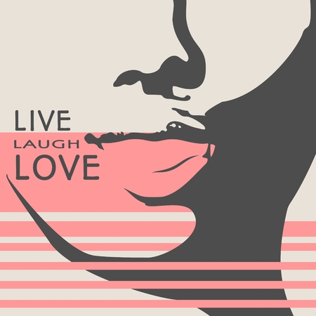 Lower part of the woman face front view. Elegant silhouette of a female head. Vector Illustration. Open mouth. Abstract geometry shape overlay. Live, Laugh, Love motivation textのイラスト素材