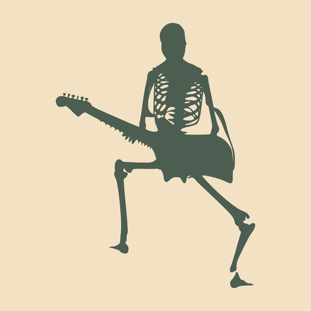 Human skeleton playing on virtual guitar. Vector illustration. Halloween party design templateのイラスト素材