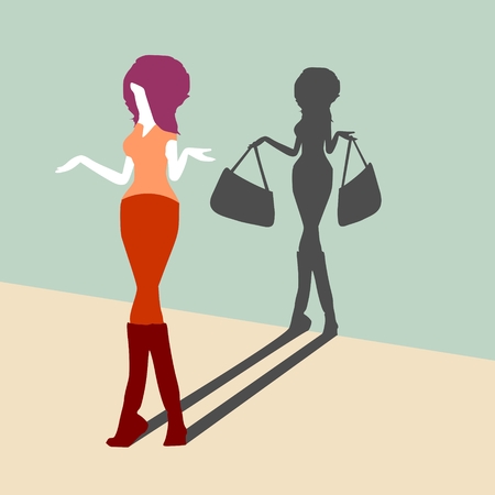 Young lady casting shadow of woman with shopping bags, Confused and frowned fashionable woman standing shrugging shoulders complaining expressing frustration gesturing with her hands.のイラスト素材