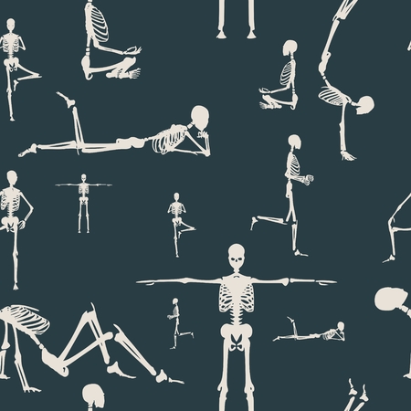 Human skeleton sitting. Vector illustration. Halloween party design template. Seamless pattern.のイラスト素材