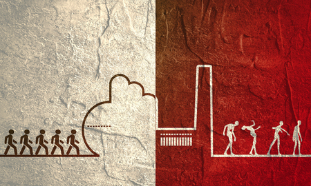 An outline of a factory on orange background. Workers going to the factory. People turn into zombies at the factory. Line art ecology concept. Grunge distress texture.の写真素材