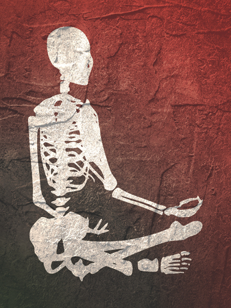 Human skeleton in yoga meditation pose. Halloween party design template. Grunge distress texture.の写真素材