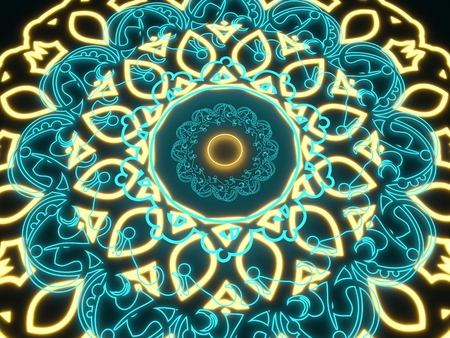Decorative design element. Geometric ornament with neon shine material. Circular ornamental symbol. Islam, Arabic and Indian, ottoman motifs. 3D renderingの写真素材