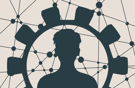 Silhouette of a woman's head in the frame of gear. Mental health relative brochure design template. Scientific medical design. Molecule and communication background. Connected lines with dots.のイラスト素材