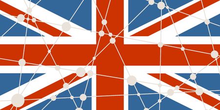 Flag of the Great Britain. Low poly concept triangular style. Molecule And Communication Background. Connected lines with dots.のイラスト素材