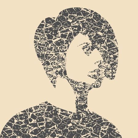 Face half turn view. Elegant silhouette of a female head. Short hair. Monochrome gamma. Grunge cracked texture avatarのイラスト素材