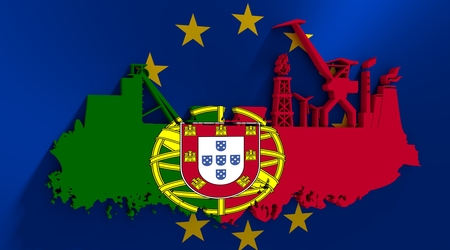 Energy and Power icons set and grunge brush stroke. Energy generation, transportation and heavy industry relative image. Flags of the Portugal and European Union. 3D renderingの写真素材