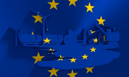 Energy and Power icons set and grunge brush stroke. Energy generation, transportation and heavy industry relative image. Flag of the European Union. 3D renderingの写真素材