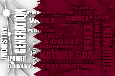 Nature gas relative tags cloud. Image relative to gas production and supply. Connected lines with dots. Flag of the Qatar on backdrop. 3D renderingの写真素材