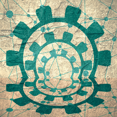 Molecule and communication background. Modern brochure or report design template. Gears symmetry. Connected lines with dots. Medical, technology, chemistry, science backgroundの写真素材