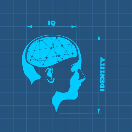 Silhouette of a woman's head. IQ and identity measuring. Scientific medical designs. Connected lines with dots as symbol of brains.のイラスト素材