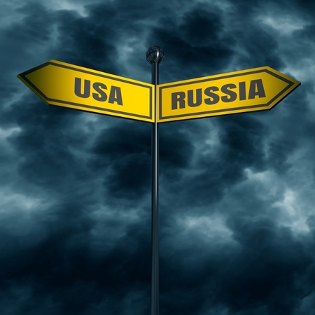 3d rendering of road signs with USA and RUSSIA text pointing in opposite directions. Image relative to politic situation between USA and Russia.の写真素材